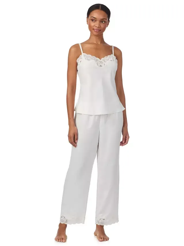 Длинный пижамный комплект Lauren из атласной кружевной майки Ralph Lauren, Ivory