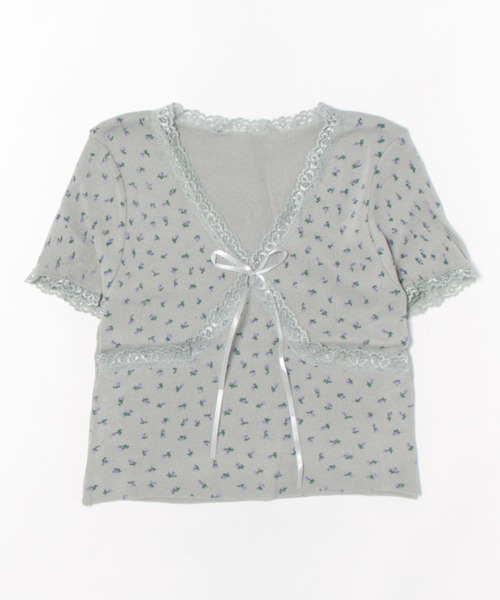 

Топ с V-образным вырезом, кружевной отделкой и лентой, короткими рукавами, рубчик Lace Ladies, серый