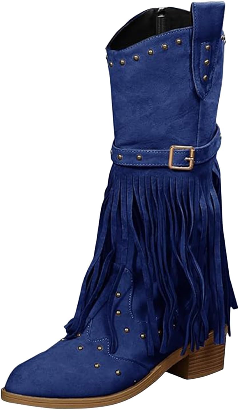 

Женские ковбойские сапоги с бахромой, западного стиля, с заостренным носком, до колена, с массивным каблуком, повседневные и модные сапоги для вечеринок и верховой езды Baxtayel, синий