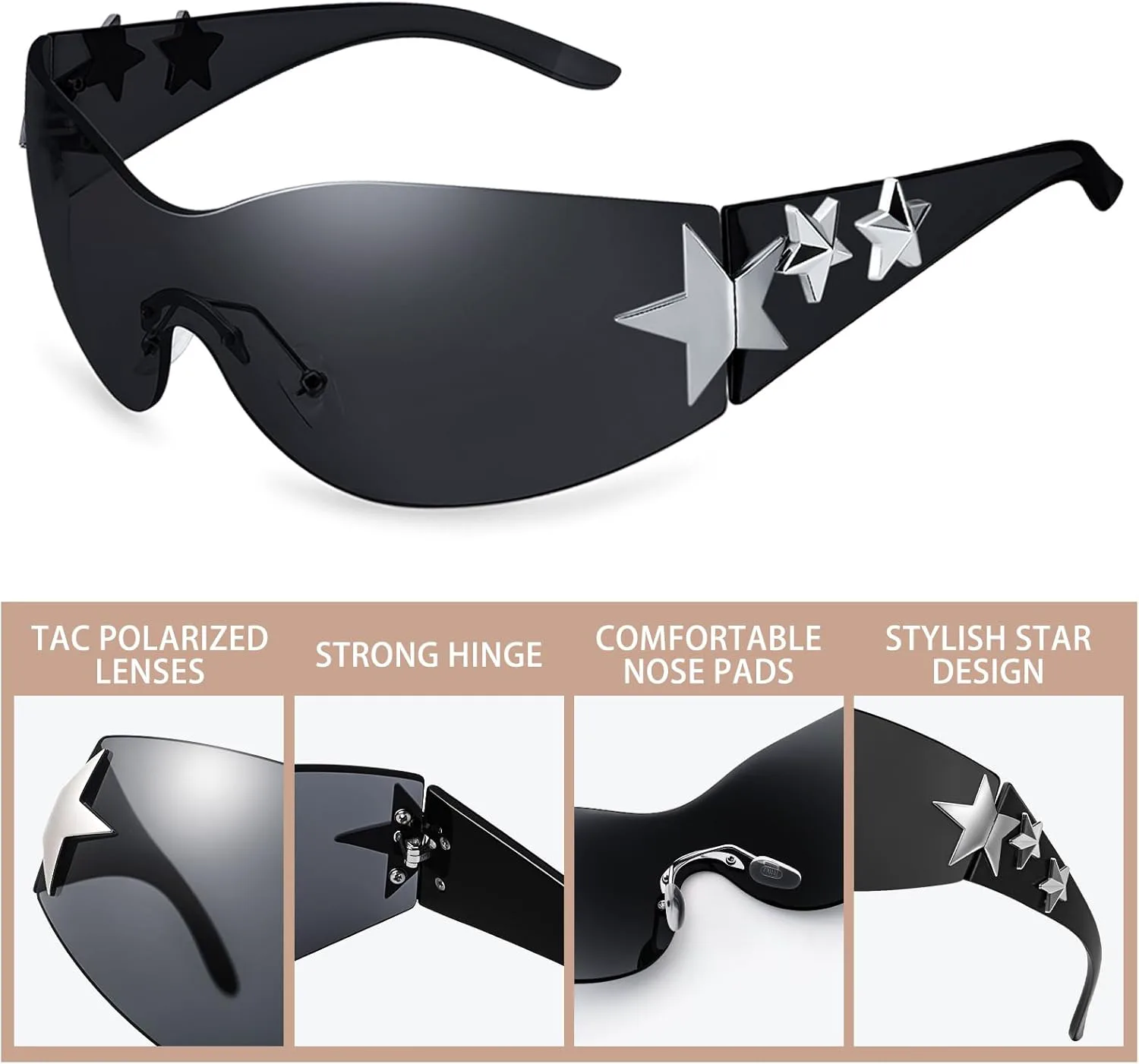 

Солнцезащитные очки JATEBI 3/6 пар в стиле Y2K для женщин и мужчин, большие безободковые солнцезащитные очки в стиле 2000-х, обтекаемые очки, Grey+black+brown+silver