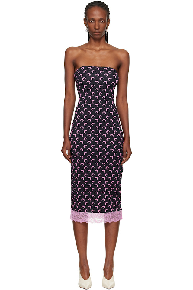 

Marine Serre Черное платье-бюстье миди из переработанного трикотажа с лунным рисунком