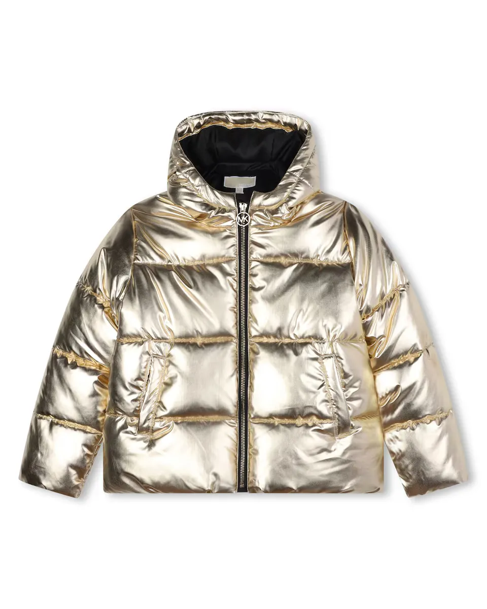 

Пуховик металлик для девочки с капюшоном и застежкой-молнией Michael Kors, золотой