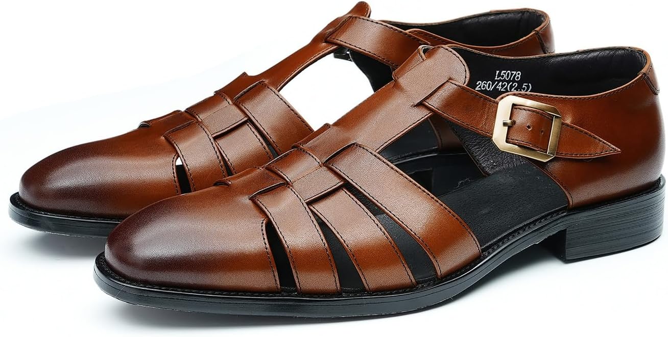 

Сандалии Santimon Mens из кожи для мужчин - повседневная обувь, стильные модные летние сандалии-рыбаки с регулировкой пряжки и дышащие, для бизнеса, коричневый