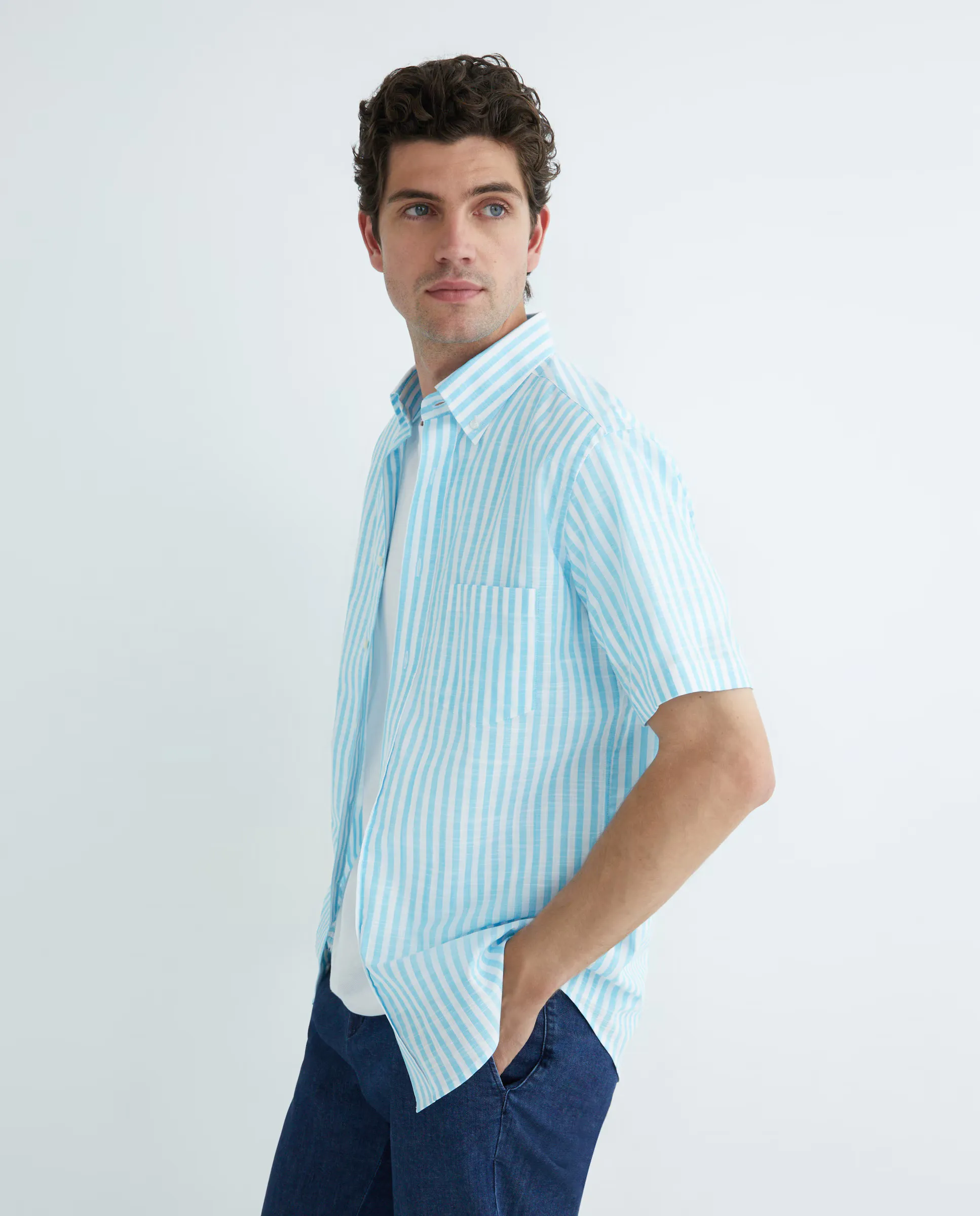 

Мужская повседневная рубашка с коротким рукавом в полоску, большие размеры Mirto, бирюзовый