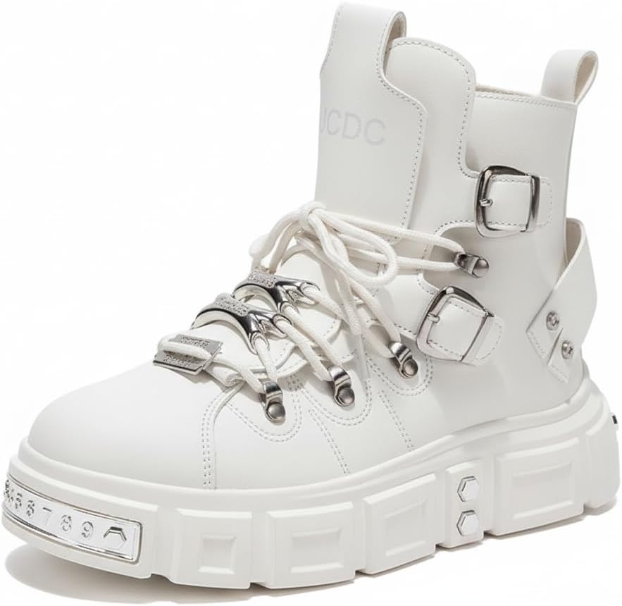 

Мужские готические боевые ботинки CTKVbmeoi, Ботинки на щиколотке с массивной пряжкой, Платформа с заклепками, Шнуровка и боковая молния, Панк-уличная мода, белый