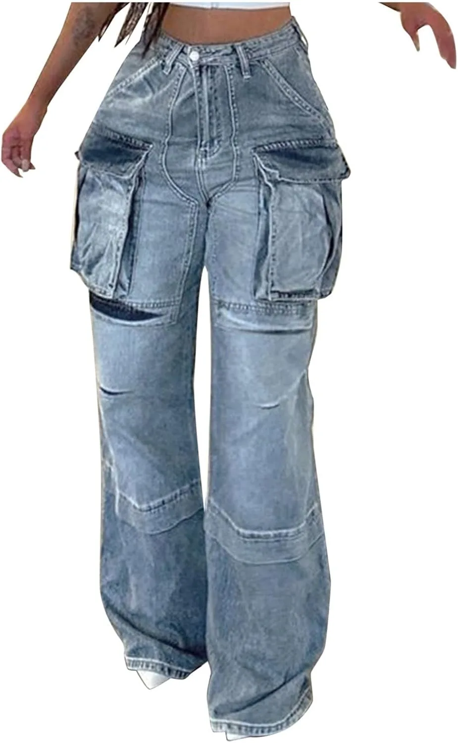 Женские джинсы high waisted wide leg cargo с эффектом distressed