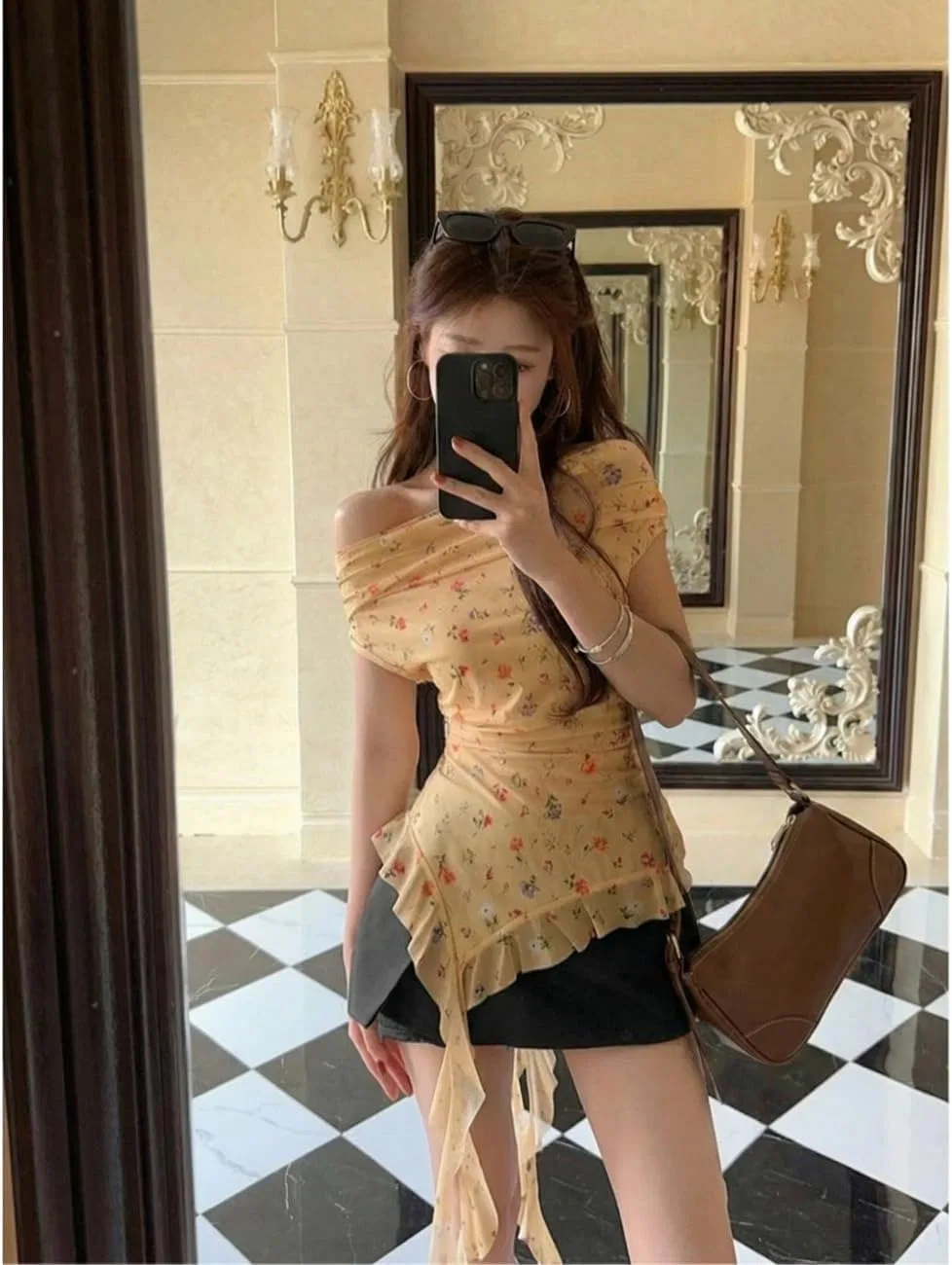 Блуза с цветочным принтом, off-shoulder, желтый — фото 3