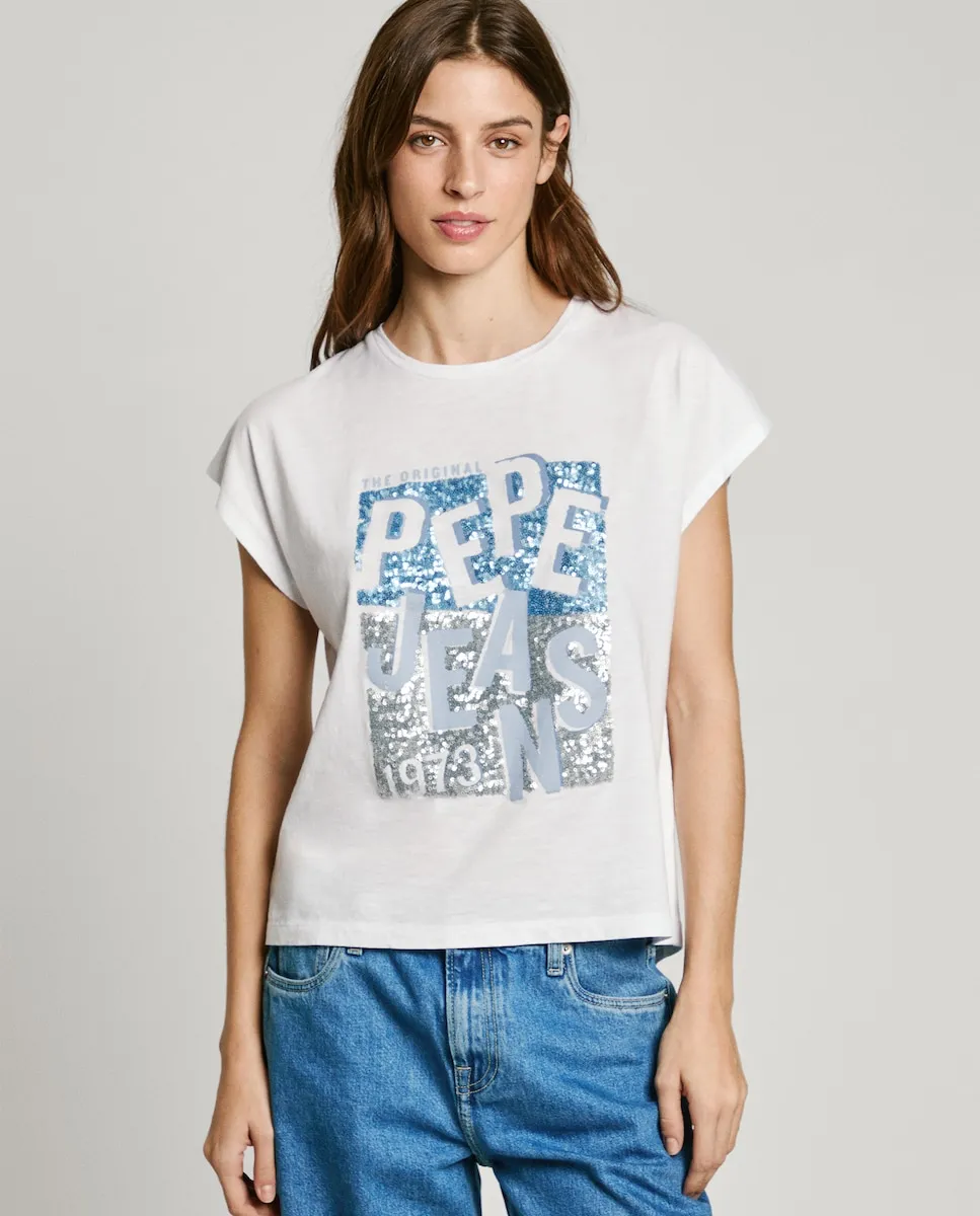 

Женская футболка с круглым вырезом и крупным принтом логотипа Pepe Jeans, белый