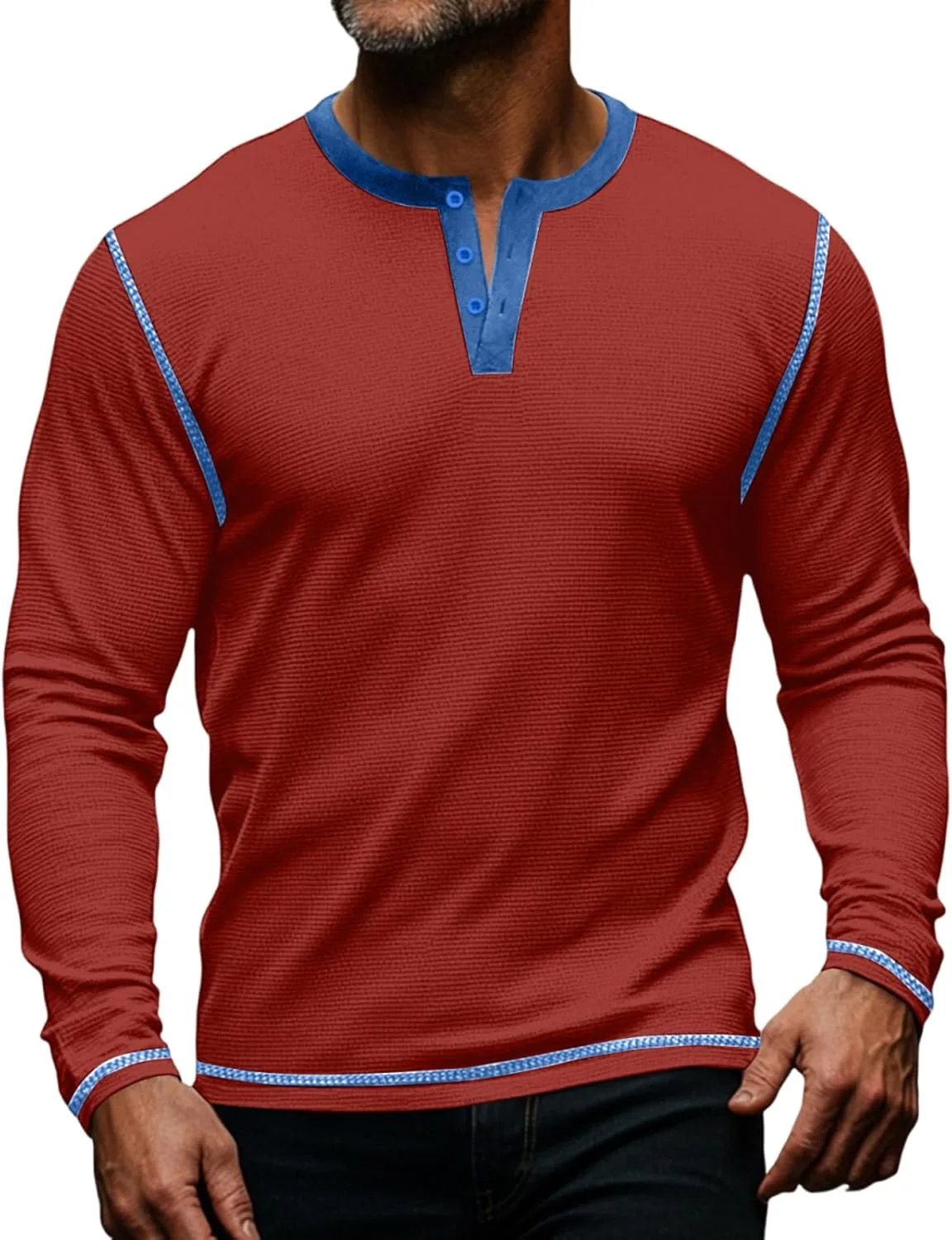 

Мужская рубашка поло с длинным рукавом, вафельная вязка, контрастный пэчворк FlekmanArt