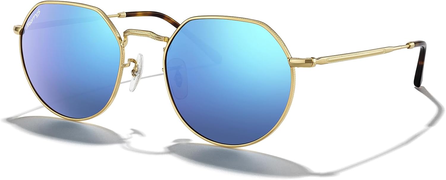 

Круглые многоугольные металлические поляризованные солнцезащитные очки MERRY для женщин и мужчин, в стиле ретро, ​​классика и винтаж, модель S6565 MERRY'S, Polished Gold Frame/Blue Mirror Lens