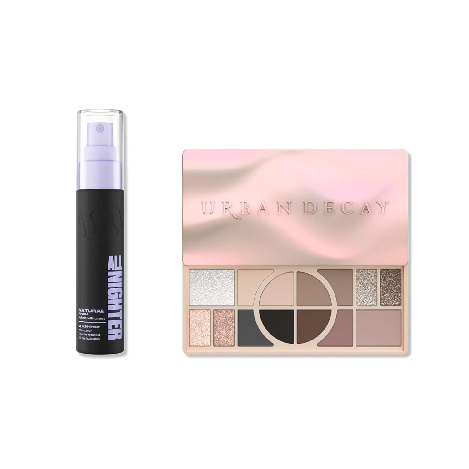 Urban Decay Naked Shaped Cool Palette и спрей-фиксатор Natural Finish Travel Bundle - нейтральные оттенки и спрей All Nighter Waterproof (30 мл) для стойкого макияжа