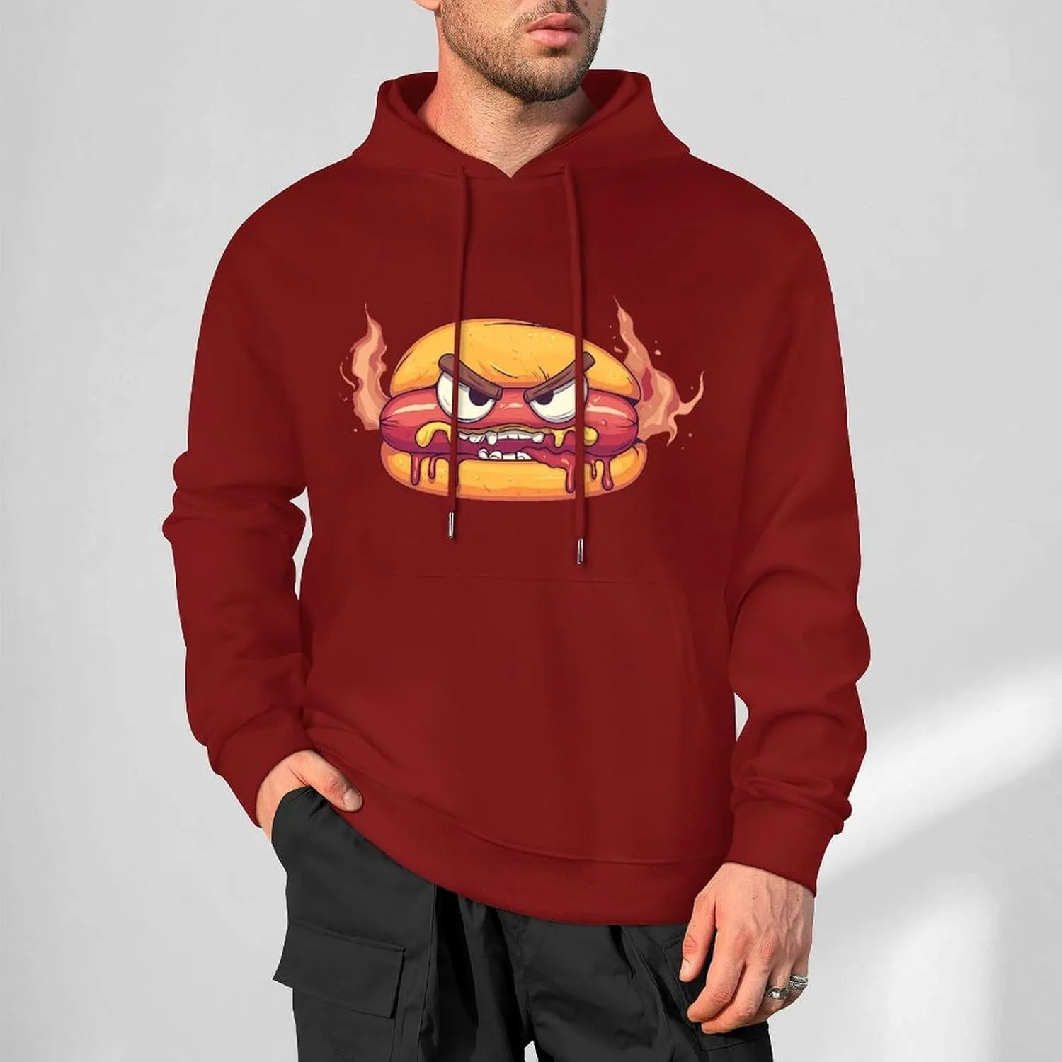 Толстовка Angry Hot Dog Hamburger Fashion с капюшоном для мужчин, хлопковая, с карманом Generic, темно-багровый — фото 2