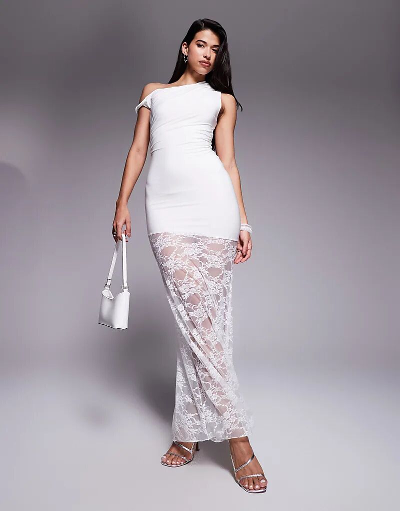 

Эксклюзивное двухслойное облегающее платье Kaiia с открытыми плечами и асимметричной прозрачной кружевной юбкой белого цвета