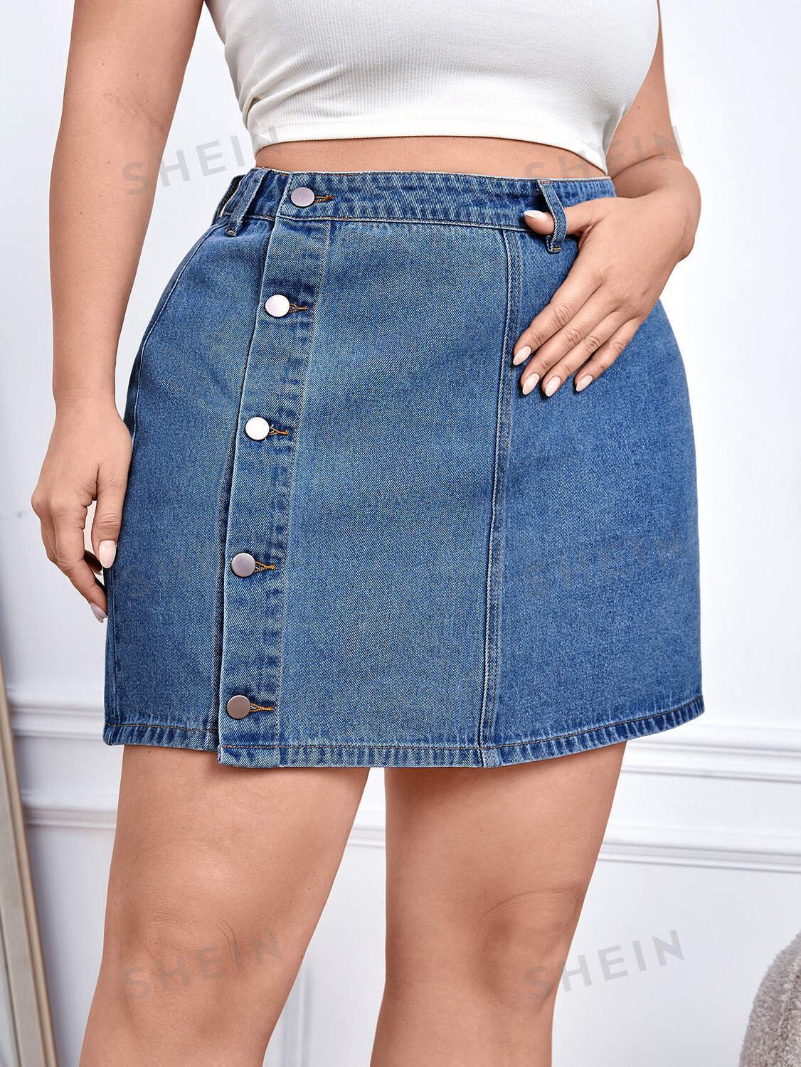 

Юбка больших размеров Frenchy, высокая талия, пуговицы спереди, джинсовая ткань Shein, тёмно-синий