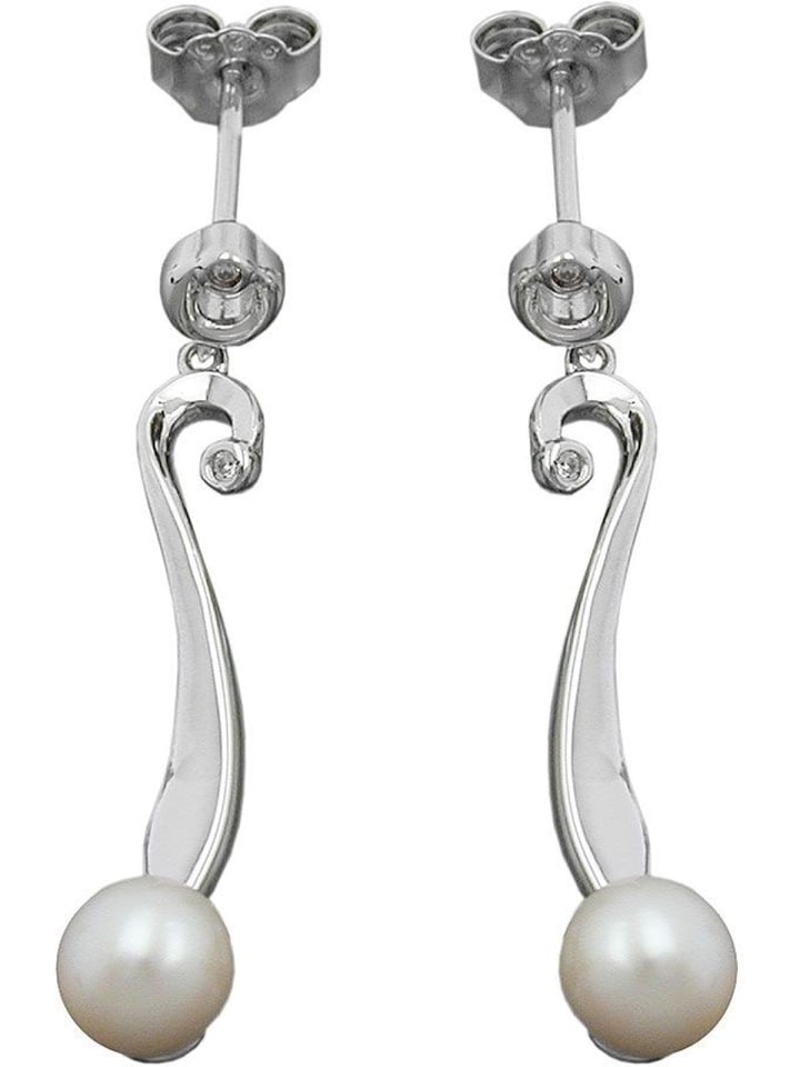 

Gallay Серьги-гвоздики 34x6 мм, висячие серьги с культивированным жемчугом 6 мм и кубическим цирконием с родиевым покрытием, серебро 925 пробы