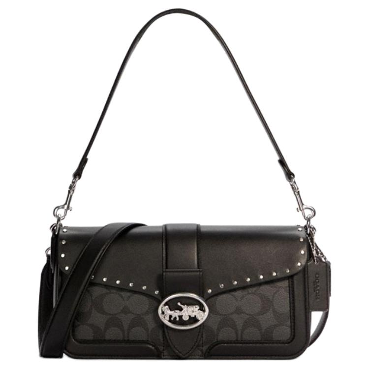

COACH Сумка Georgie Canvas с кожаной сумкой на плечо, сумка Bacchus, сумка через плечо, женская, черного цвета, среднего размера