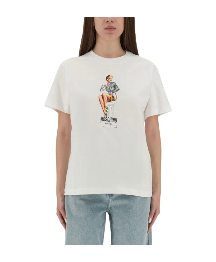 

Футболка из хлопкового трикотажа с принтом Moschino, белый