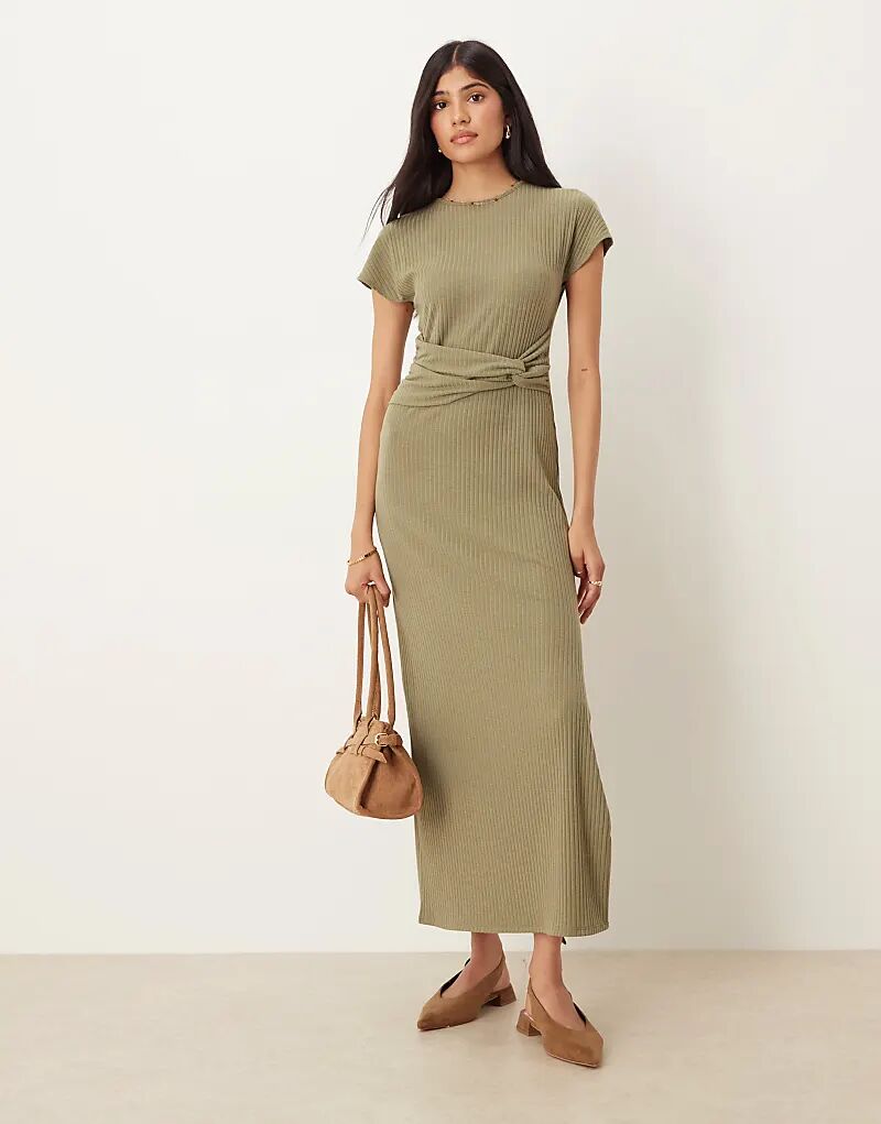 

Платье миди ASOS DESIGN цвета хаки с короткими рукавами и узлом-борцовкой на талии
