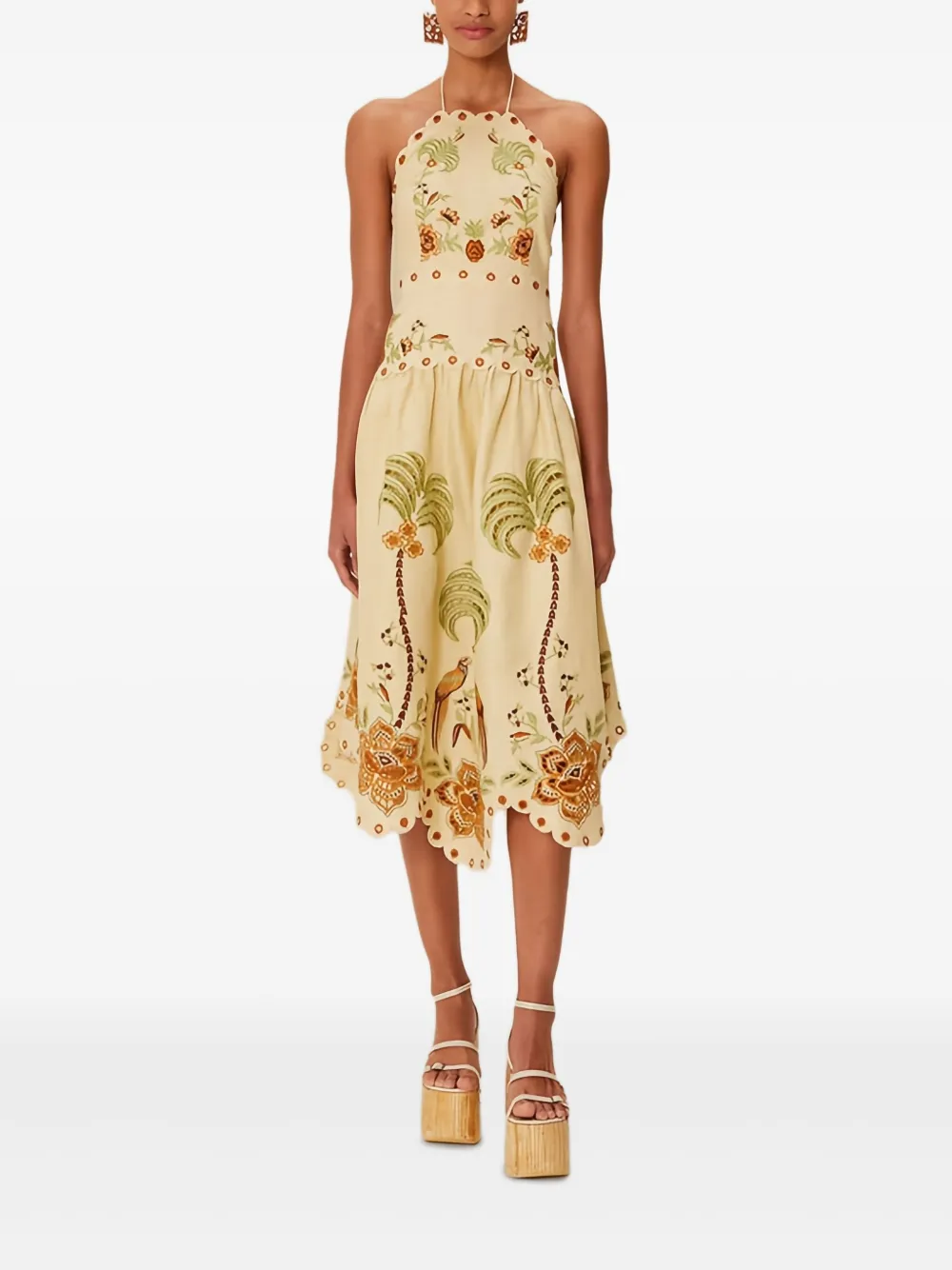 

Средней длины платье с вышивкой на завязках вокруг шеи Farm Rio, нейтральный