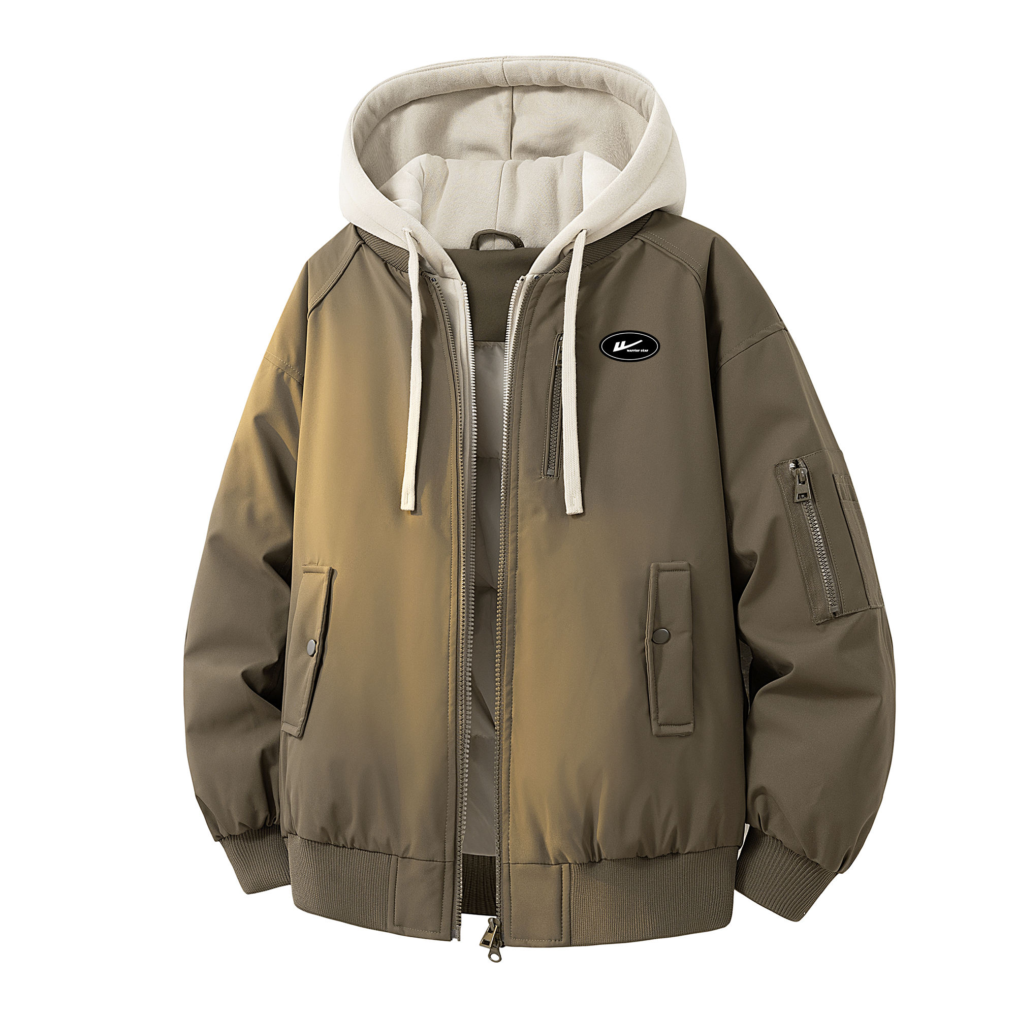 

Пуховик Unisex с капюшоном, утепленный флисом, стиль Mock Two Piece WARRIOR, army зеленый (diy badge)