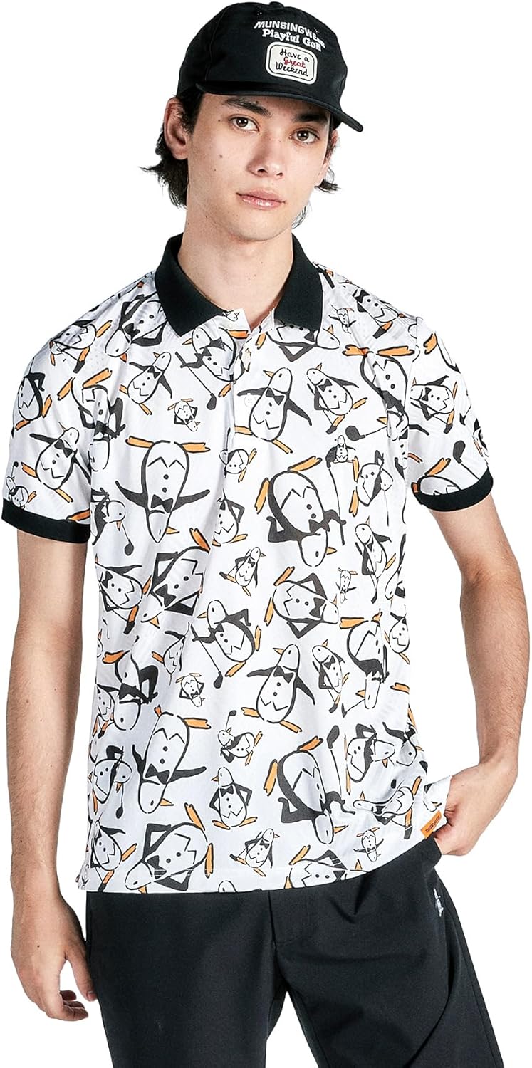 

Мужская рубашка с коротким рукавом Munsingwear MG4FHS54M, с рисунком пингвинов, солнцезащитная, влагоотводящая, быстросохнущая, произведено в Японии, для гольфа, белый