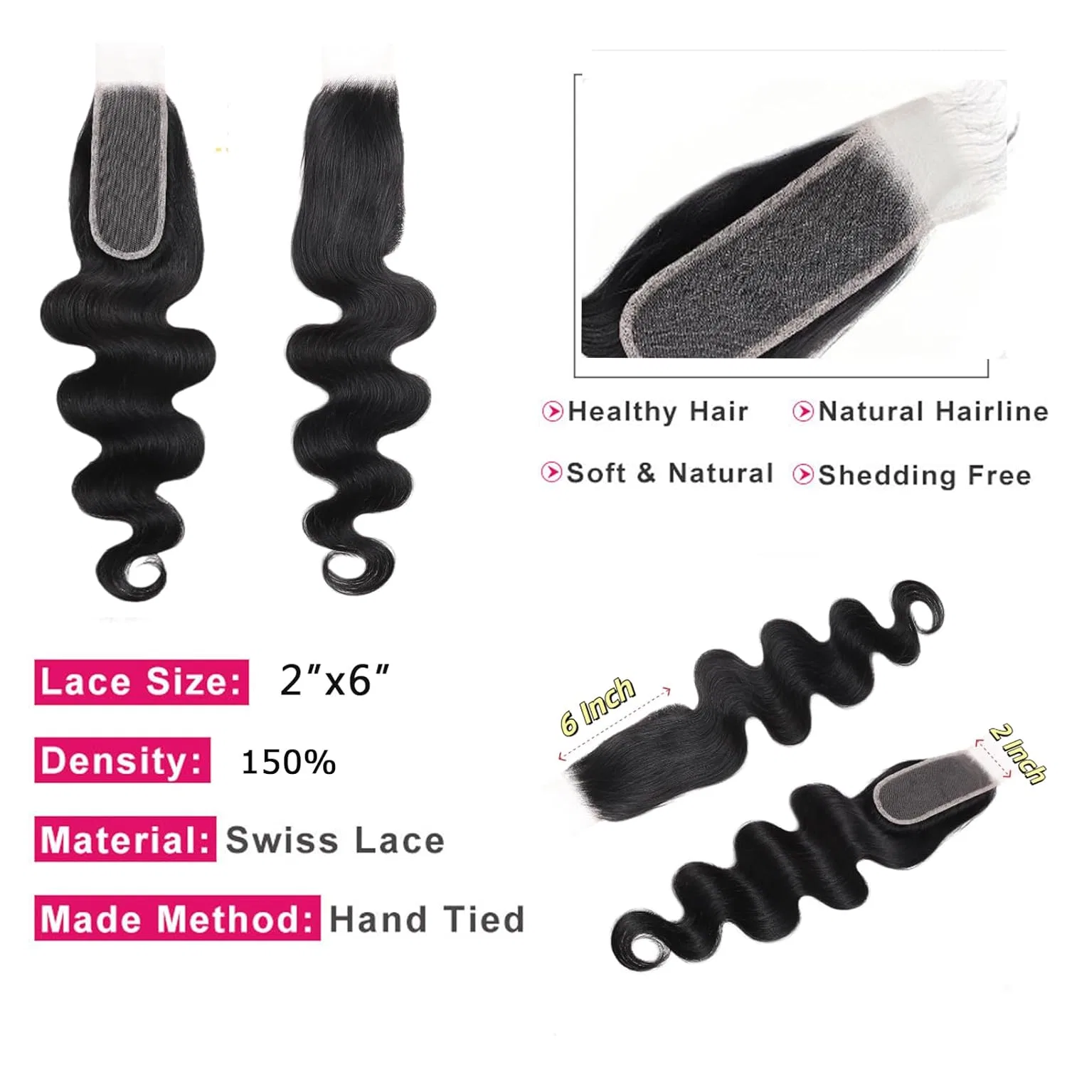 Накладные волосы 2x6 Closure Human Hair Body Wave, 100% натуральные Arenshxc, Natural Black 2X6 Closure Body — фото 3