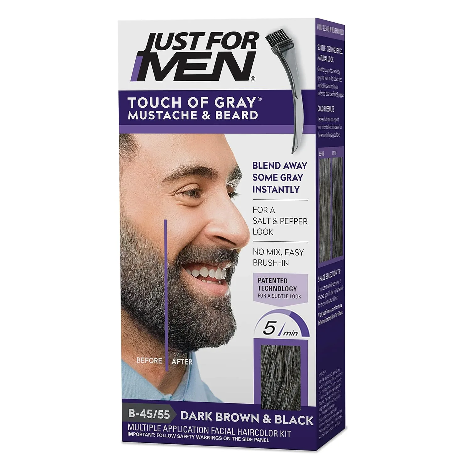 Just For Men Touch of Gray для усов и бороды, окрашивание седины с кисточкой для легкого нанесения, эффект соли и перца - Dark Brown & Black, B-45/55, 1 шт 1 штука (1 шт.), Dark Brown-Black