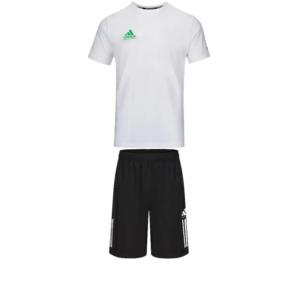 

Adidas Повседневный спортивный комплект для мужчин белая футболка с зеленым логотипом + черные шорты