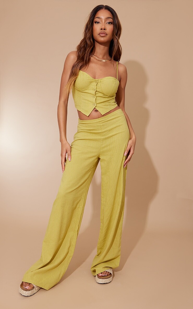

PrettyLittleThing Прямые льняные брюки в полоску цвета шартрез