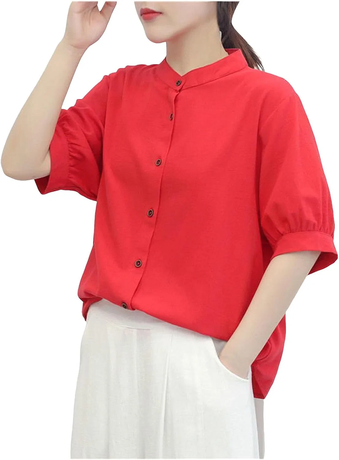 Блуза, льняная, с цветочным принтом, красный