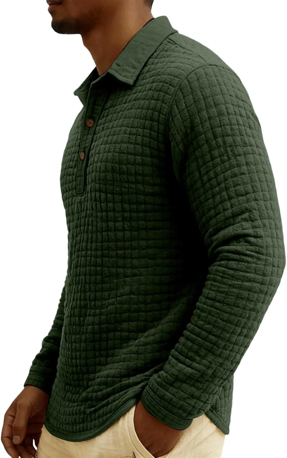 Мужская поло Waffle Slim Fit с длинным рукавом и воротником — фото 4