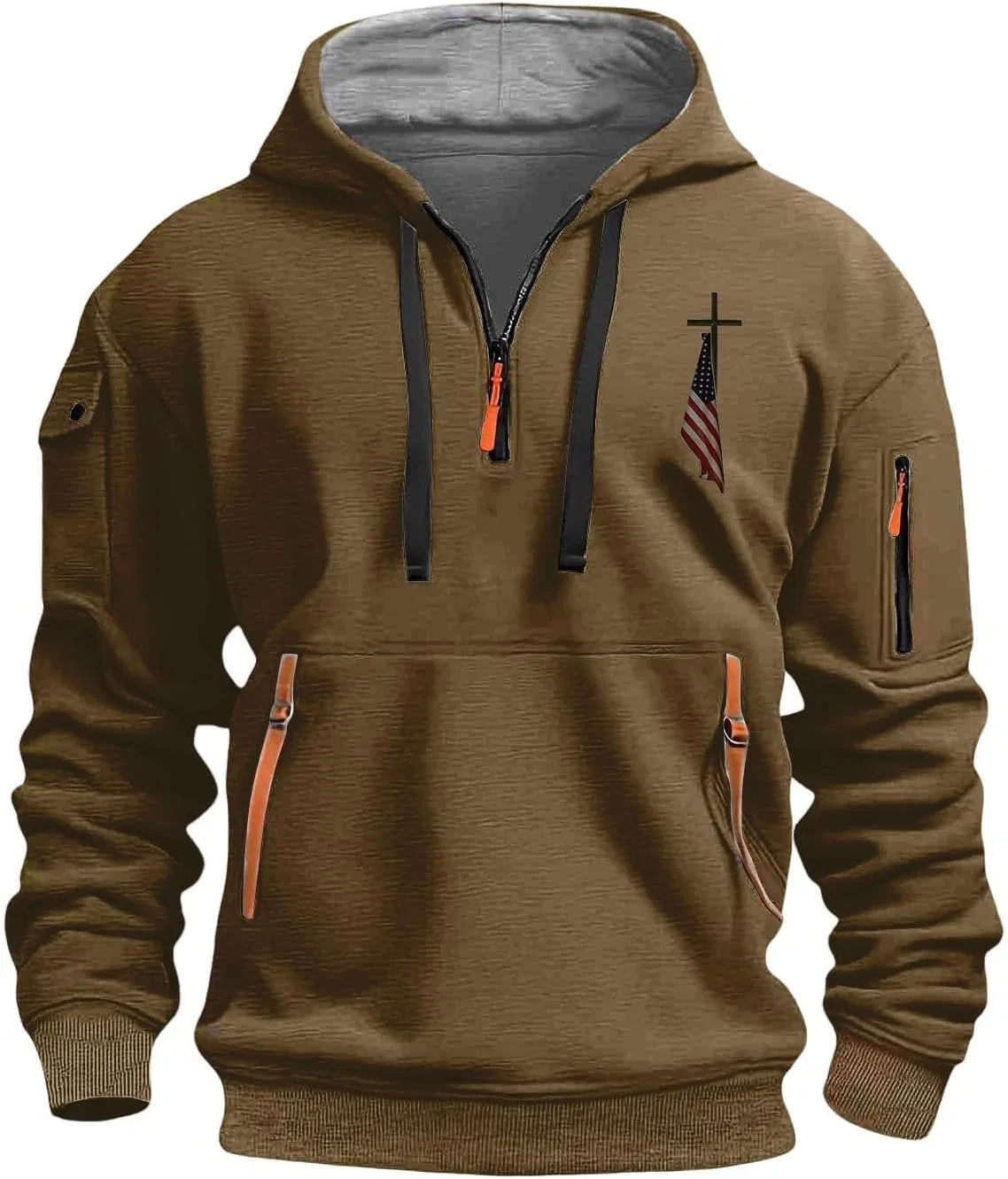 Мужская кофта с принтом креста и флага США, хлопок/полиэстер, Khaki — фото 3