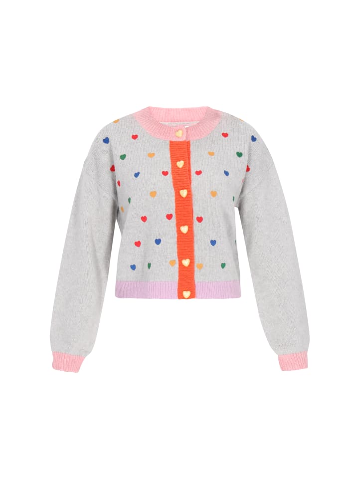 

Женский кардиган серо-меланжевого цвета с разноцветными вставками myMo