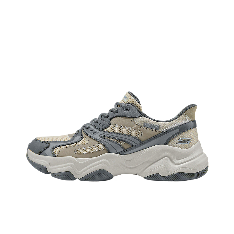 

DLITES Mesh, искусственная кожа, амортизация, дышащая поддержка, низкие массивные кроссовки для мужчин Skechers, темно серо-коричневый/dktp