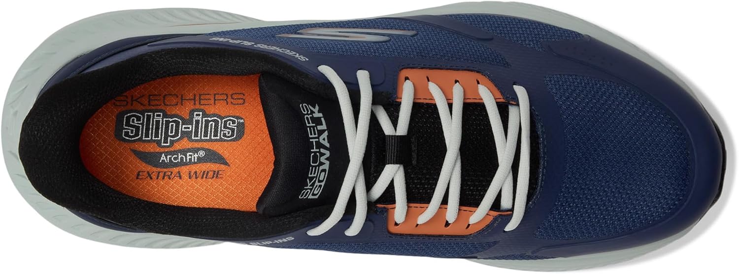 Мужские кроссовки Skechers Go Walk Max с амортизацией и поддержкой свода стопы, без шнурков, синий/оранжевый/темно-синий — фото 2