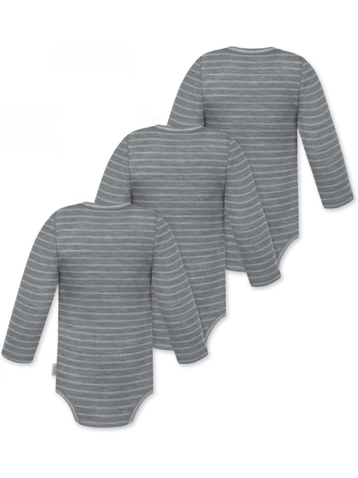 Normani Outdoor Sports Комплект из 3 детских боди с длинными рукавами из мериносовой шерсти, модель Tuai, серые в полоску — фото 2