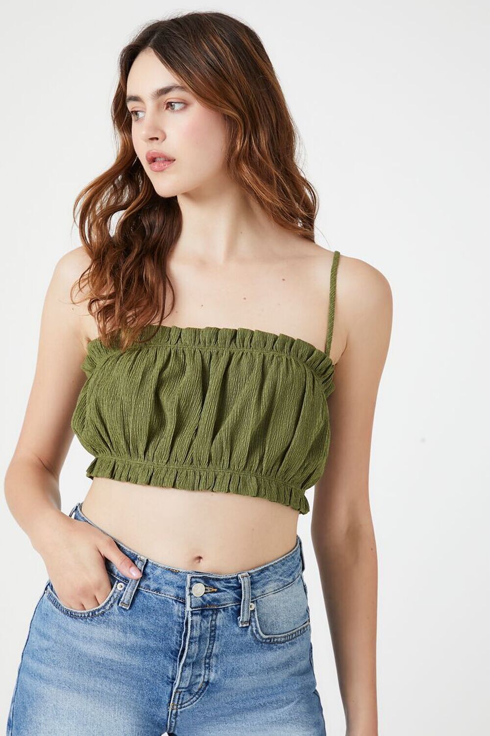 

Укороченная майка с оборками Forever 21, оливковый