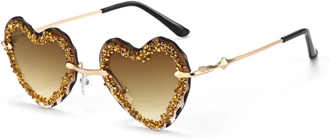 

Женские блестящие солнцезащитные очки с бриллиантами, сексуальные, без оправы, со стразами, металлические, в форме сердца, с защитой от УФ-излучения UV400 TVTBBVV, Gold-brown