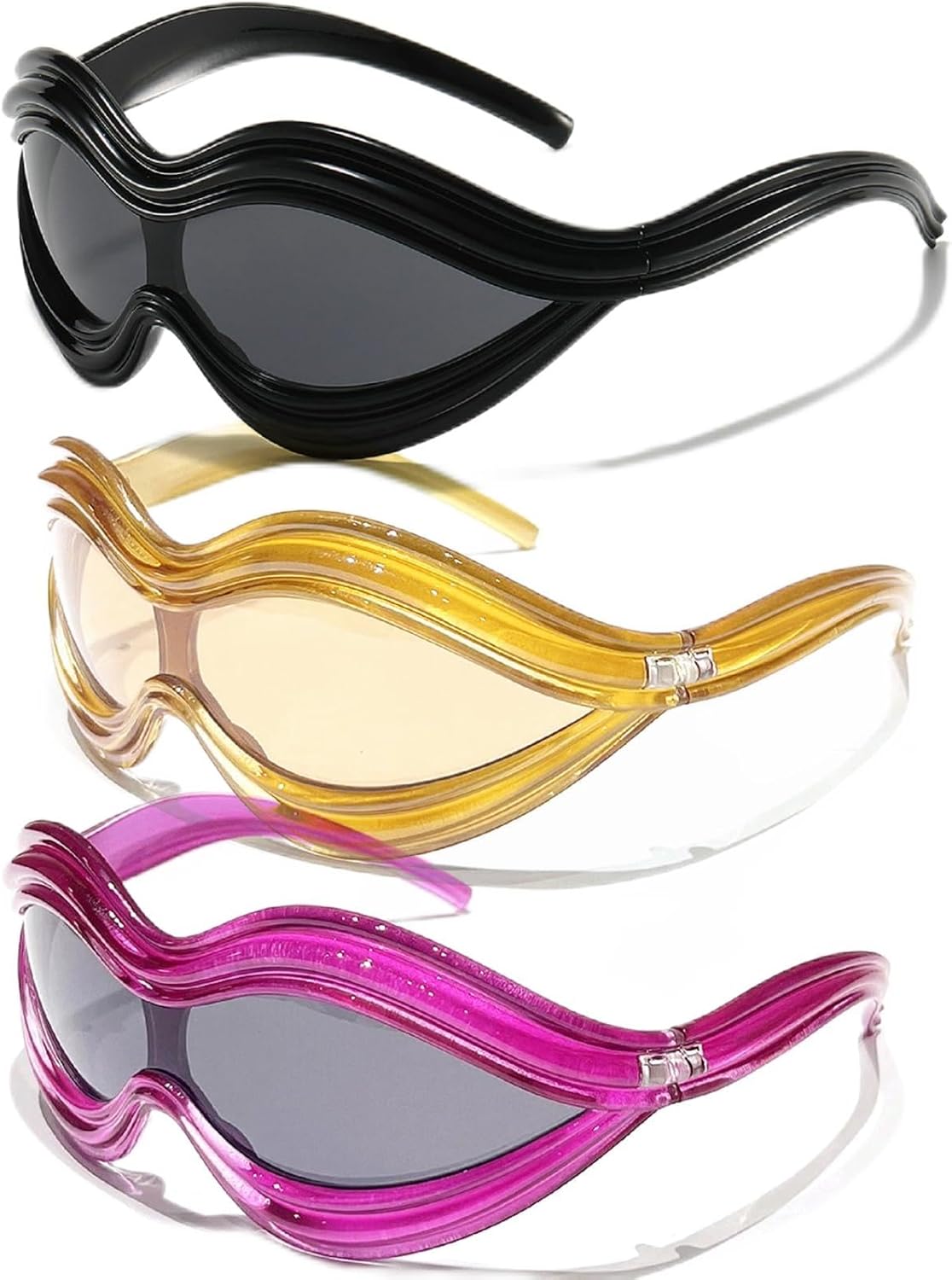 

Овальные солнцезащитные очки с обтекаемой формой для женщин и мужчин. Модные футуристические солнцезащитные очки в стиле Y2K, цельные, увеличенного размера, дизайн 2000-х годов mincl, 3pcs-black&gold&rose