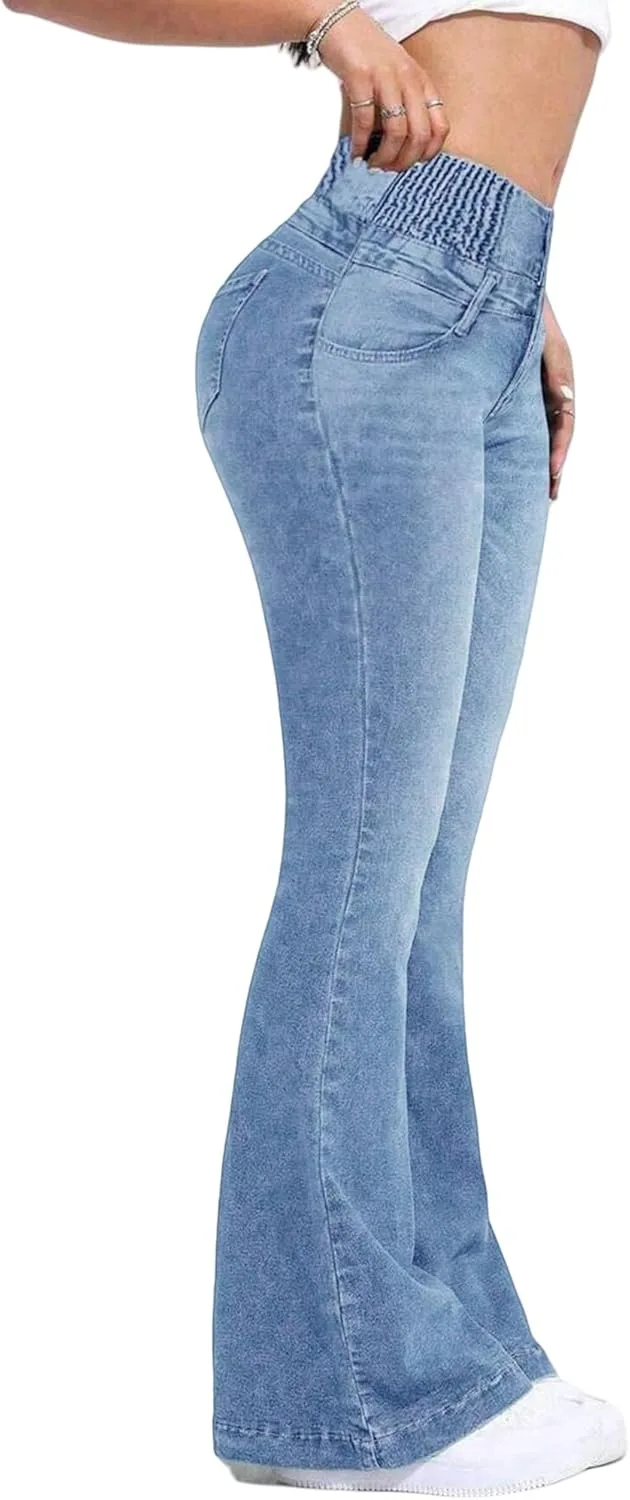 

Женские джинсы с высокой талией и расклешенным низом, эластичные, стройнящие Flvsun