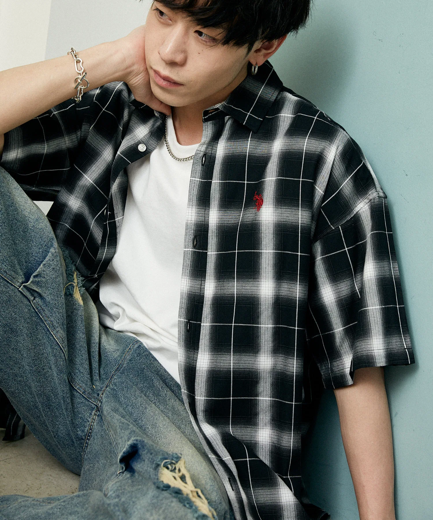 Мужская/женская рубашка U.S. POLO ASSN. в клетку с короткими рукавами и вышивкой, серо-коричневая