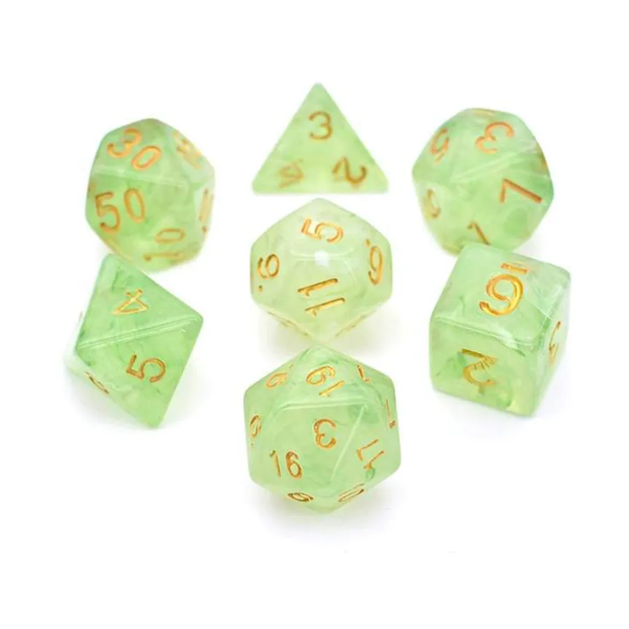 

Набор Poly — зеленый шелковый полупрозрачный с золотом (7), Dice Sets - Resin/Acrylic - Blue, Green, & Purple (Foam Brain Games)
