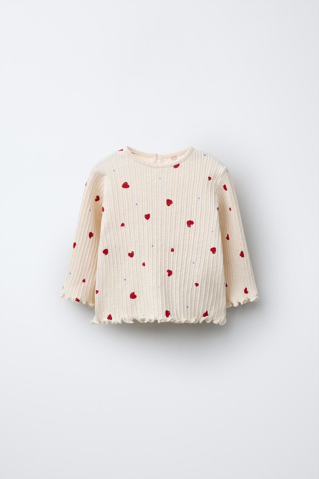

Футболка в рубчик с сердечками ZARA, цвет Light ecru