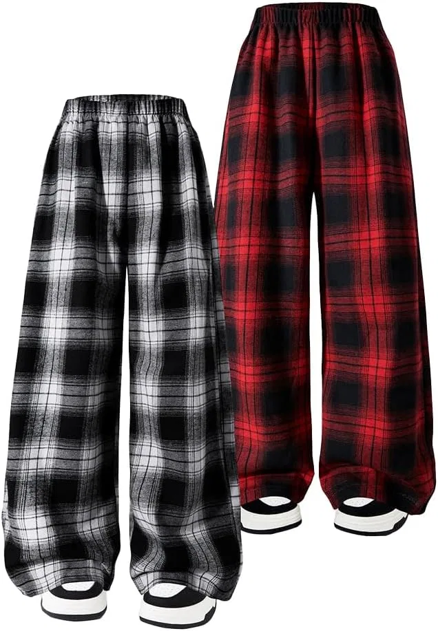 Nivne Tco 2pcs Tween Girls Pants Set Fashion Check Pattern Baggy Elastic Waist Wide Leg Plaid Plait Sweatants, черный+красный