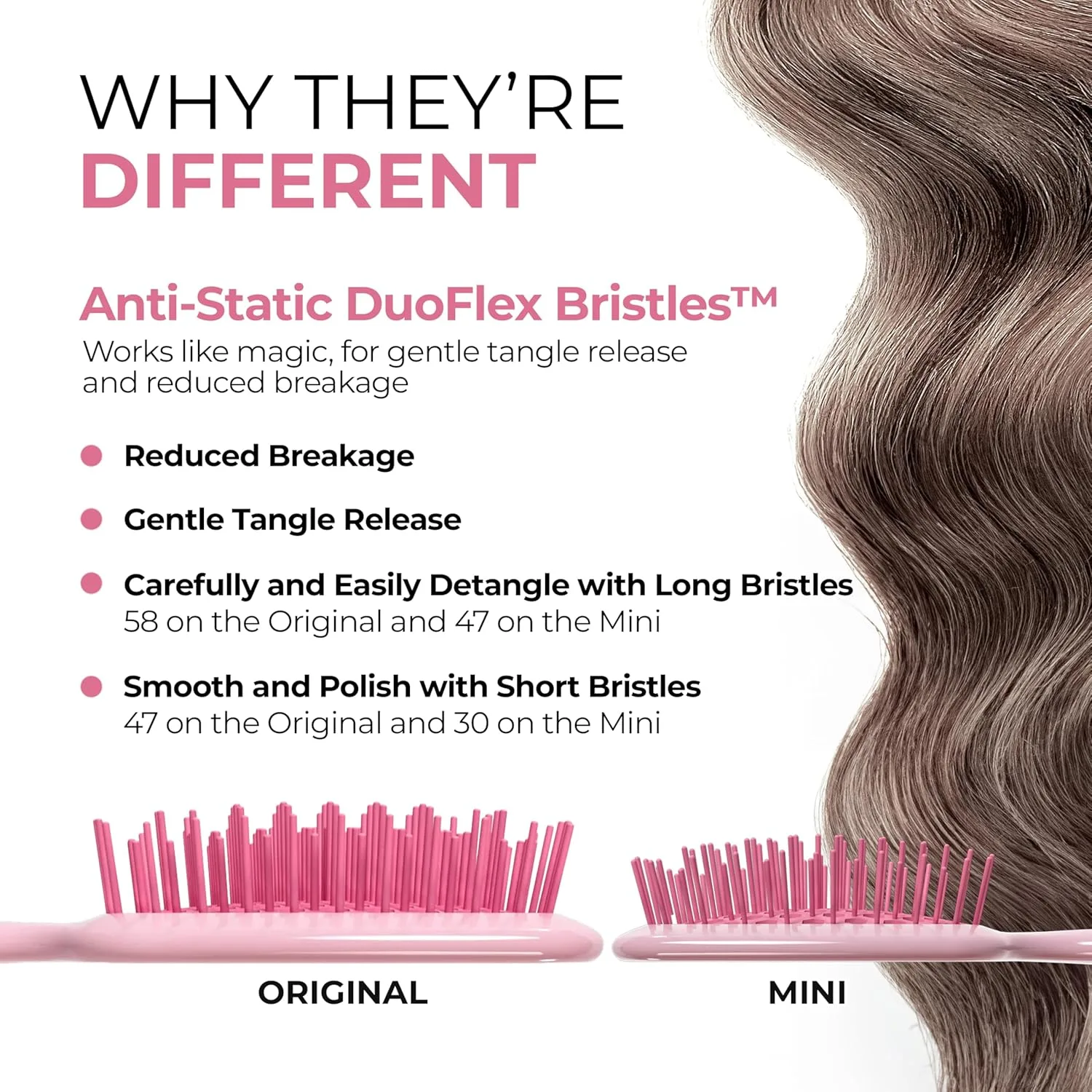 FHI Heat UNbrush Detangling Brush Combo Pack - оригинальная и мини UNbrush для всех типов влажных и сухих волос - DuoFlex антистатическая щетка, вентилируемая расческа для безболезненной укладки, Peony Light Pink — фото 2