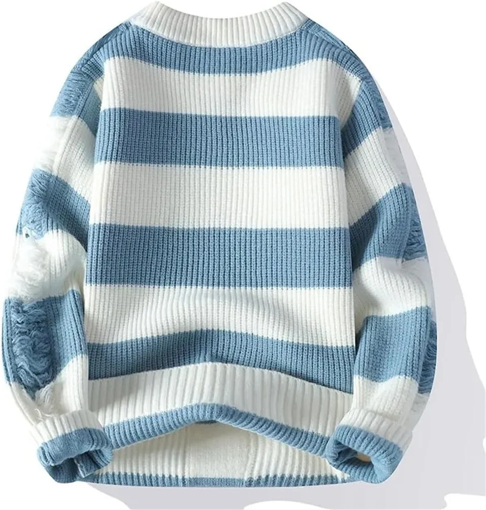 Мужской полосатый вязаный свитер Crewneck Slim Fit утепленный повседневный пуловер с рваным дизайном в стиле хип-хоп Generic, хаки — фото 3