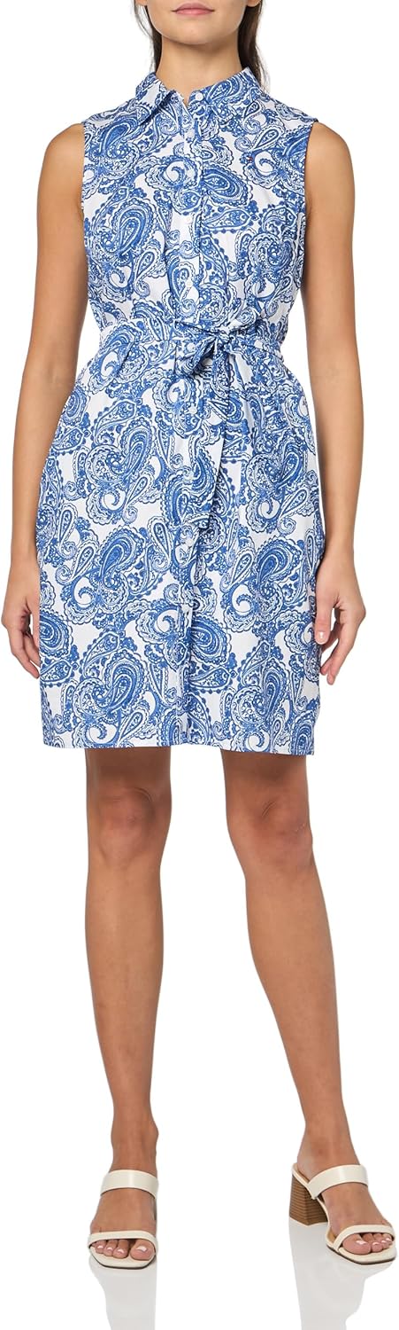 

Женское мини-платье-рубашка Tommy Hilfiger без рукавов с воротником, пуговицами спереди и завязкой на талии, White/French Blue