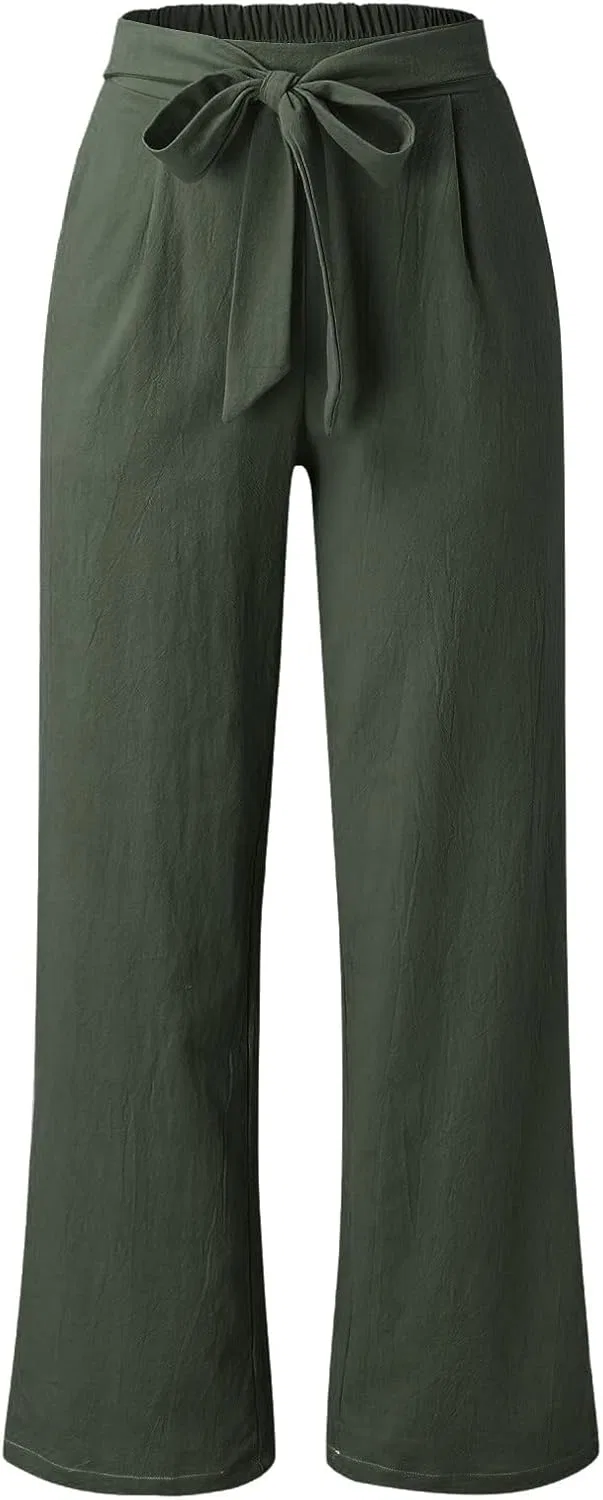 Штаны женские широкие с завязкой, хлопок лен, цвет Army Green — фото 4