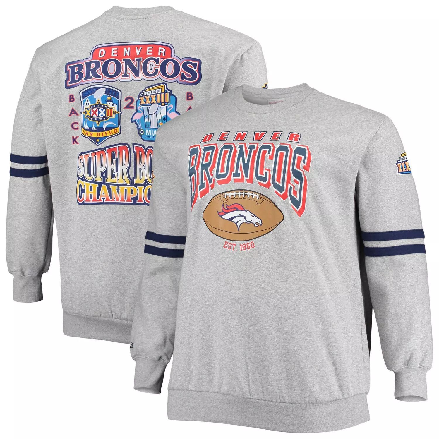 

Мужской пуловер с принтом Mitchell & Ness Heathered Grey Denver Broncos Big & Tall со сплошным принтом