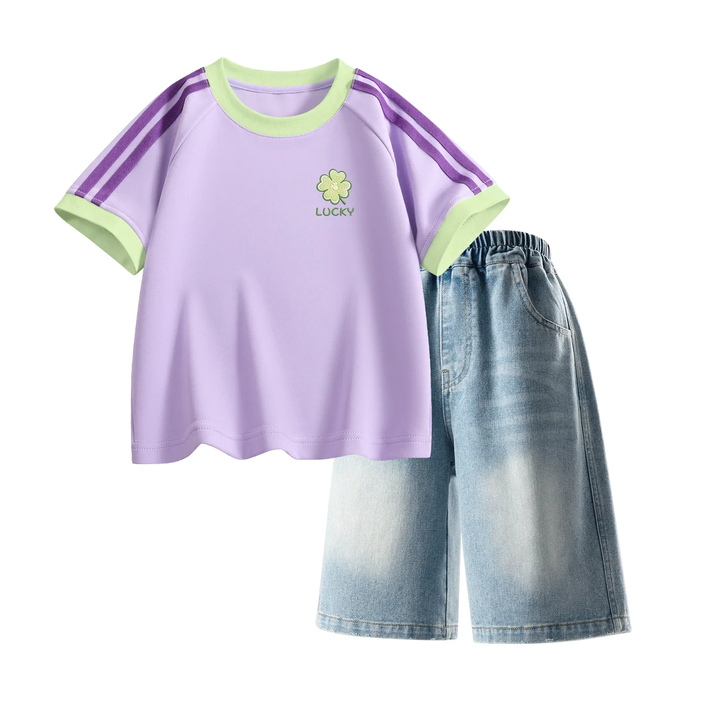 Детский спортивный костюм Casual Sportswear 2 Piece Set Disney, Di Four-Leaf Clover Violet+Solid Color Denim Blue